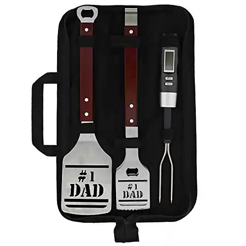 Panoware BBQ Grill Tools Set Gift for Dad, 4 Piece Set, Number 1 Dad Tongs, Spatula, Digital Thermometer and Case