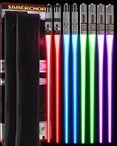 LIGHTSABER CHOPSTICKS LIGHT UP STAR WARS CHOPSTICK LED Glowing Light Saber Chop Sticks REUSABLE Sushi Lightup Sabers Cool Fun Geeky STARWARS Chop Stick Set Red Green Blue Purple 4 Pairs JEDI CASE BOX