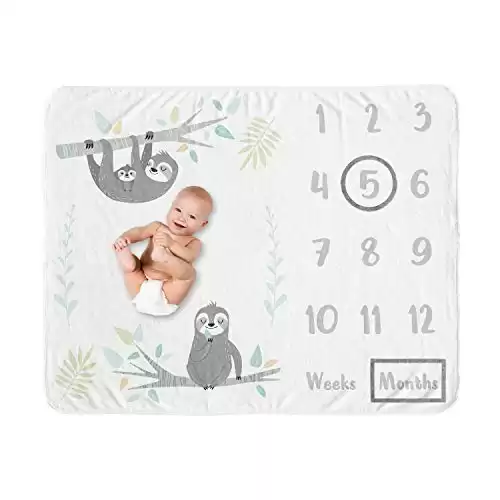 Sweet Jojo Designs Blue Jungle Sloth Boy Girl Milestone Blanket Monthly Newborn First Year Growth Mat Baby Shower Memory Keepsake Gift Picture - Aqua Turquoise Grey Green Tropical Botanical Rainforest