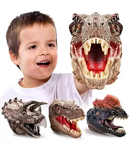 Geyiie Dinosaur Hand Puppets Toys for Boys, Play Dinosaur Toys Set for Kids Age 3-5 T-Rex Triceratops Puppet, Soft Dino Toys for Toddler Party Favor, 3 Pack