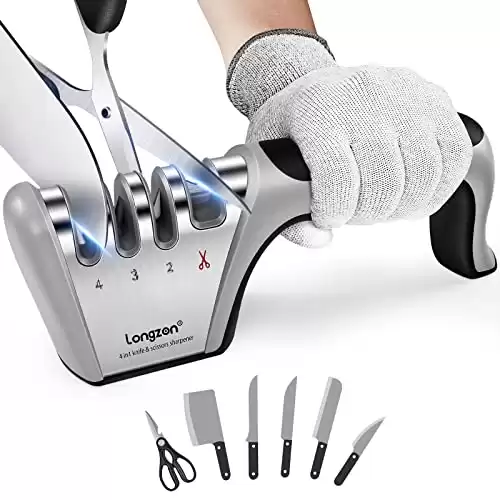 4-in-1 longzon [4 stage] Knife Sharpener with a Pair of Cut-Resistant Glove, Original Premium Polish Blades, Best Kitchen Knife Sharpener Really Works for Ceramic and Steel Knives, Scissors.