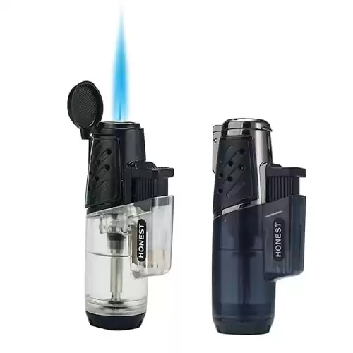 Cigar Torch Lighter Windproof Turbo Strong Flame for Cigarette Gas Butane Refillable Large Butane Gas Tank for Men (2pack Single+Single Power)